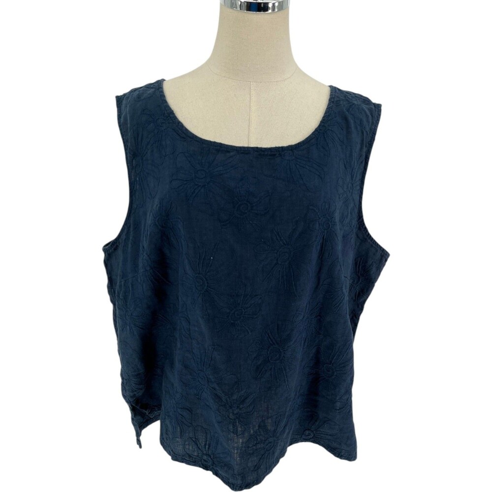 Russ Berens Top Womens Size XL Blue Linen Floral Embroidered Lagenlook Cottag